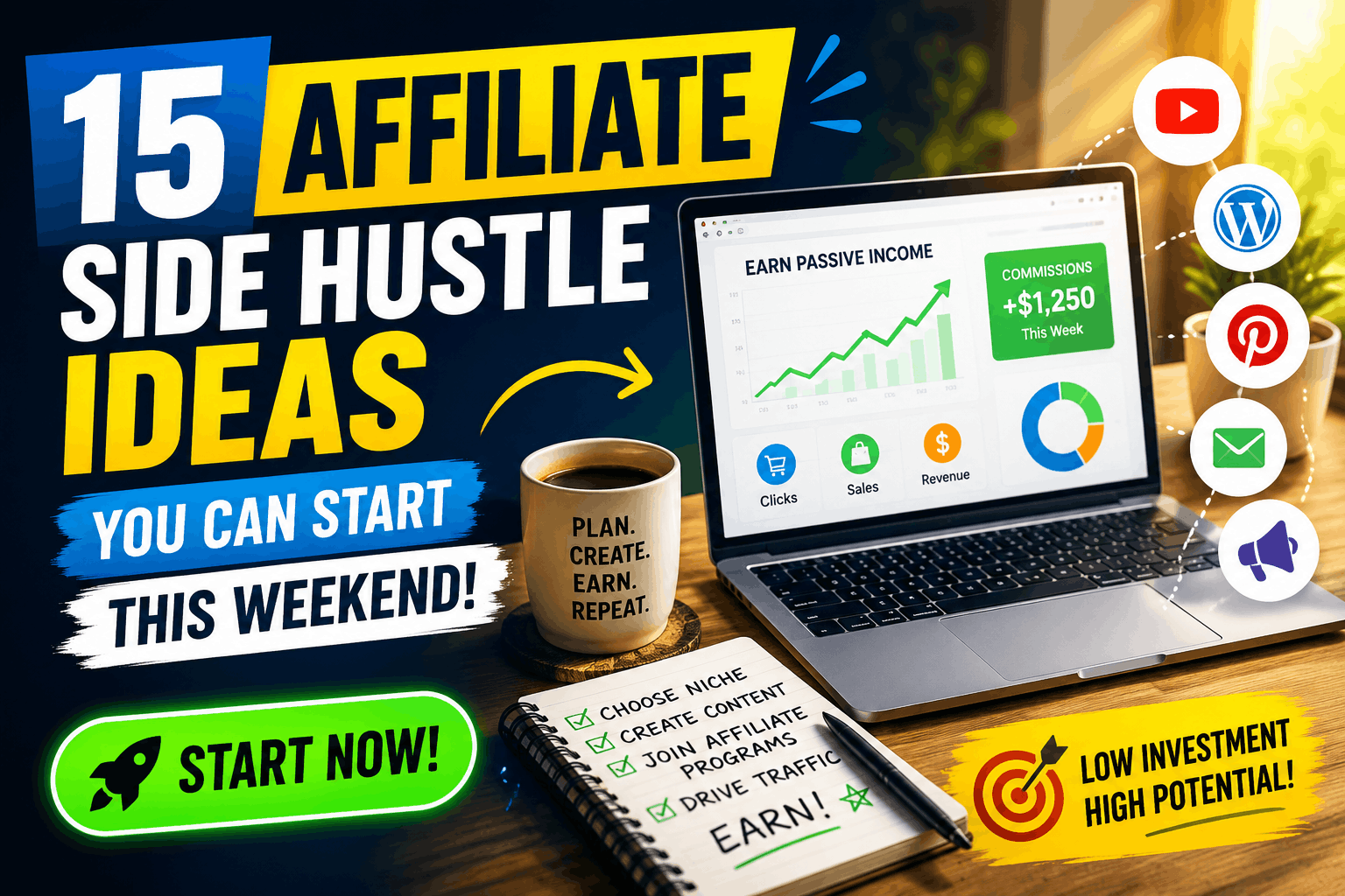 15 Affiliate Side Hustle Ideas You Can Start This Weekend – Beginner Affiliate Marketing Guide with Laptop, Coffee, and Digital Workspace