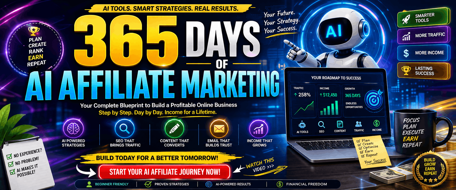 365 Days of AI Affiliate Marketing roadmap showing AI tools, SEO strategy, blogging, content marketing, and passive income blueprint for beginners