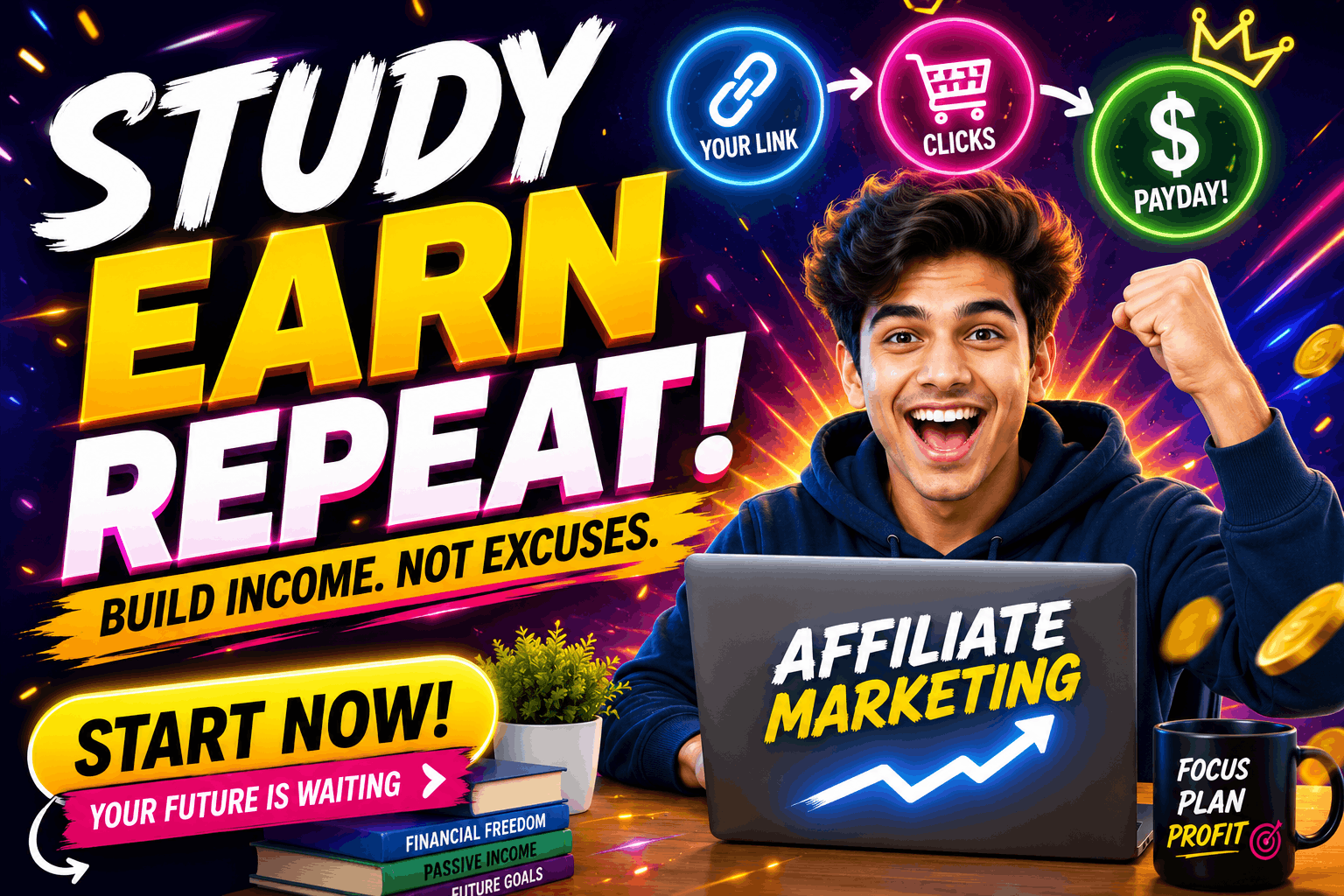 Affiliate Marketing for Students beginner's guide showing a student working on a laptop with affiliate income, blogging, SEO, and digital marketing icons.