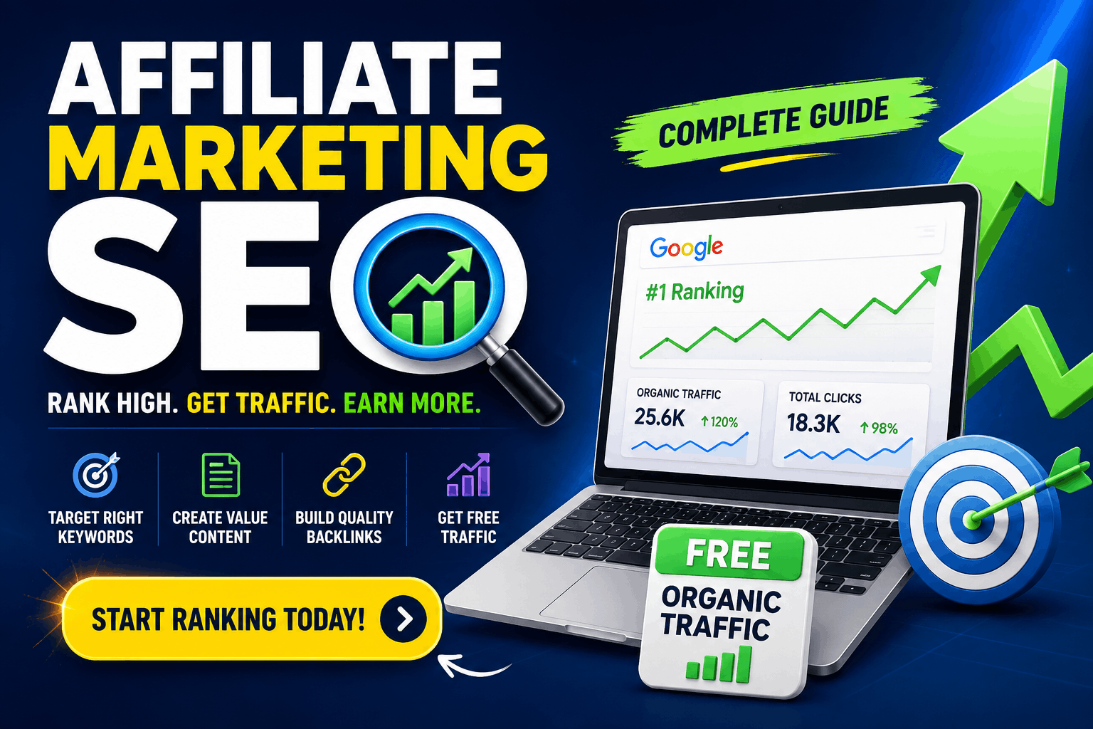Affiliate Marketing SEO guide showing keyword research, website optimization, and free organic traffic strategies for affiliate marketers.