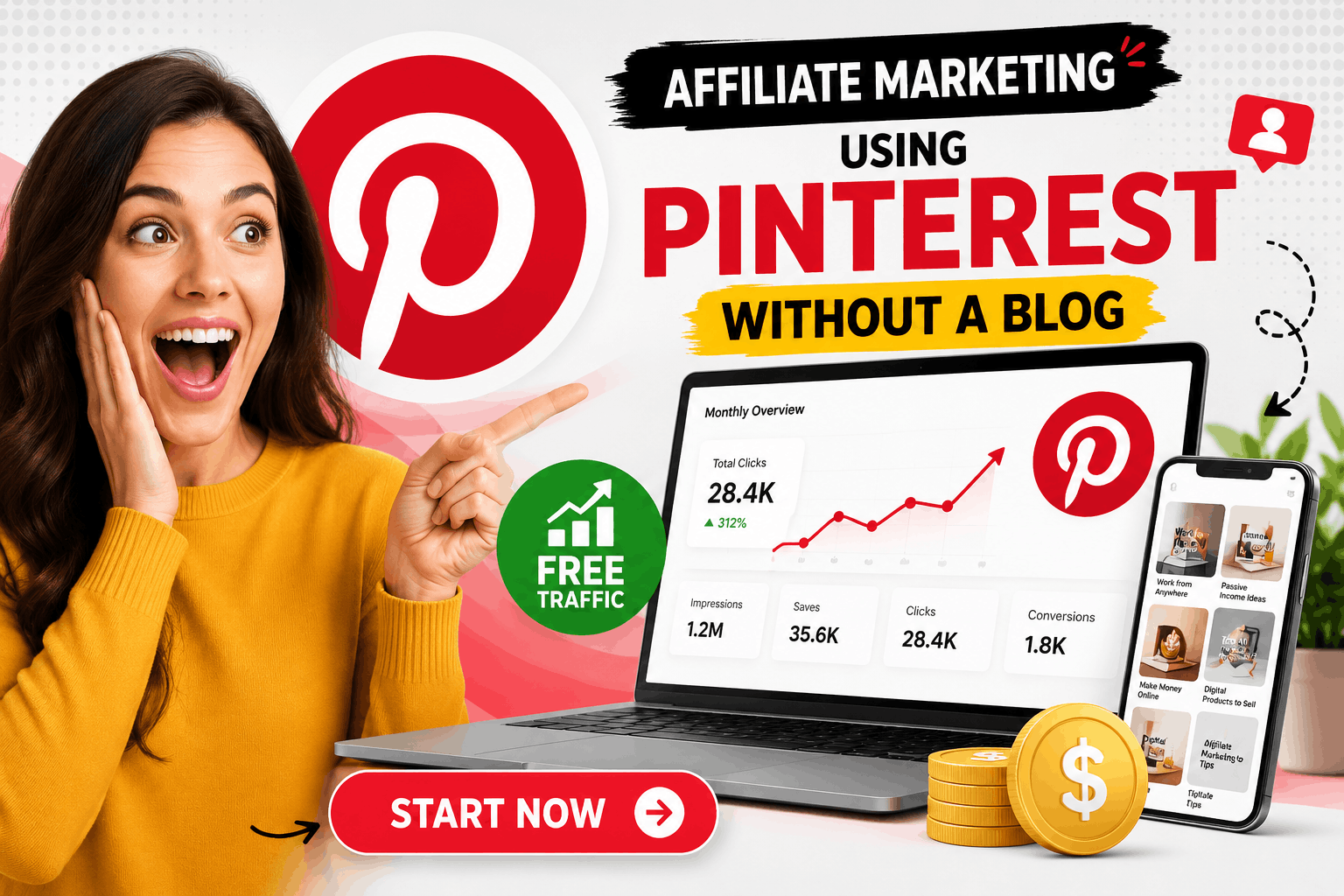 Affiliate marketing using Pinterest without a blog showing Pinterest SEO strategy, affiliate income growth, and free organic traffic for beginners