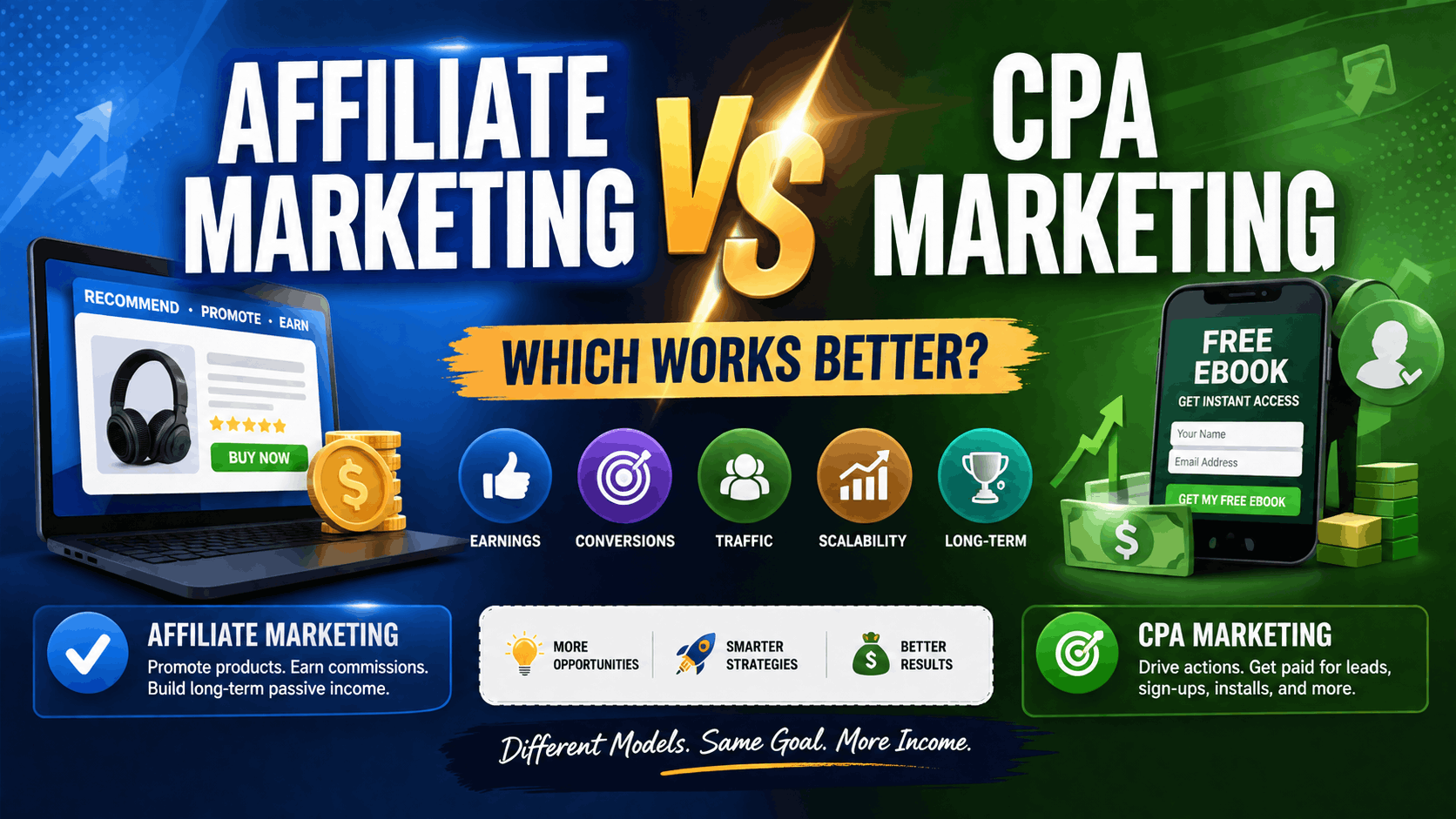 Affiliate Marketing vs CPA Marketing comparison showing commissions, passive income, conversions, traffic sources, and earning potential for beginners