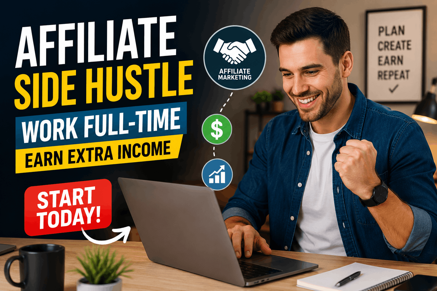 Professional working on a laptop while building an affiliate marketing side hustle after office hours