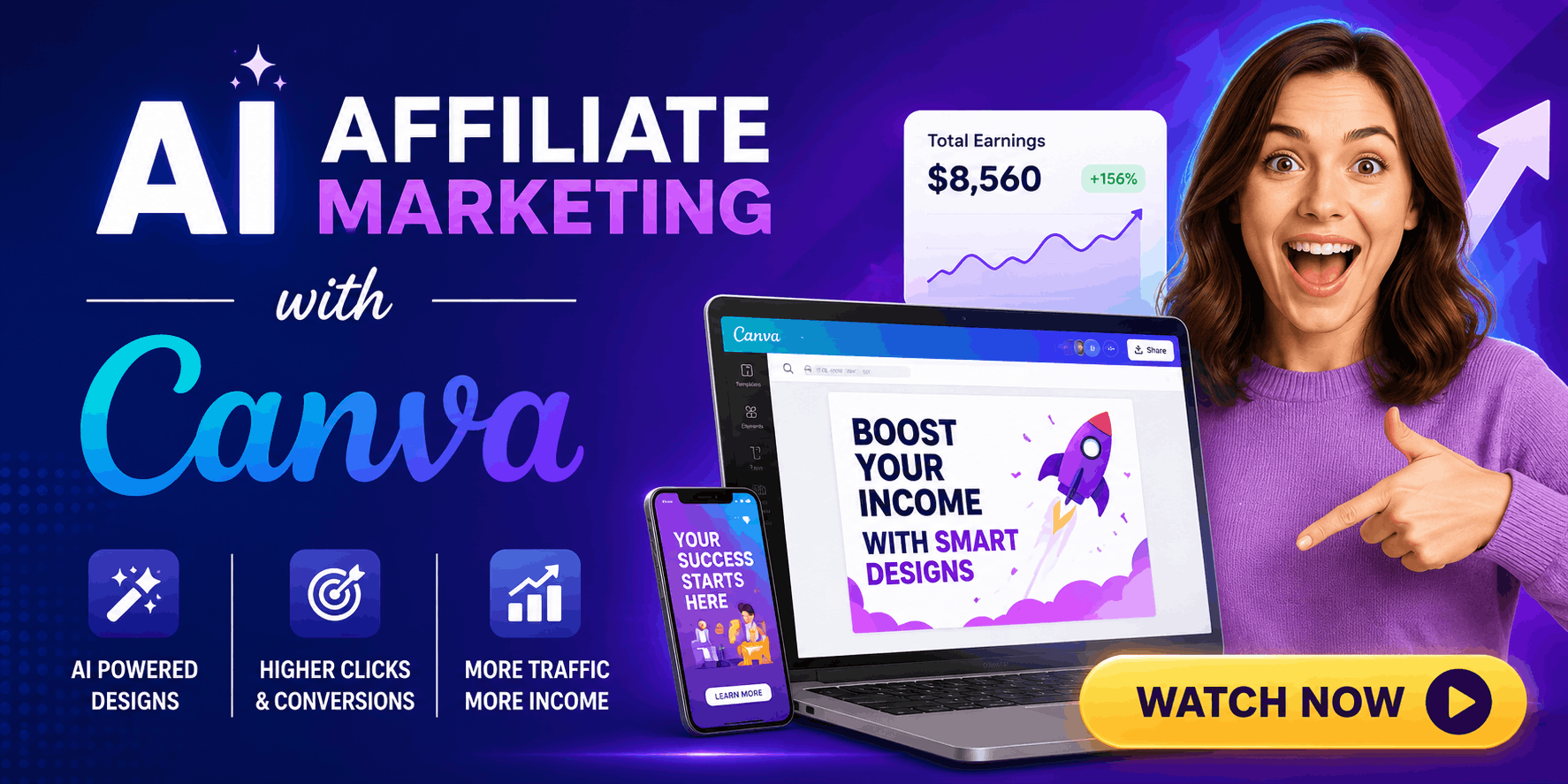 AI Affiliate Marketing with Canva showing AI-powered design tools, affiliate marketing dashboard, Canva editor, and high-converting digital marketing graphics