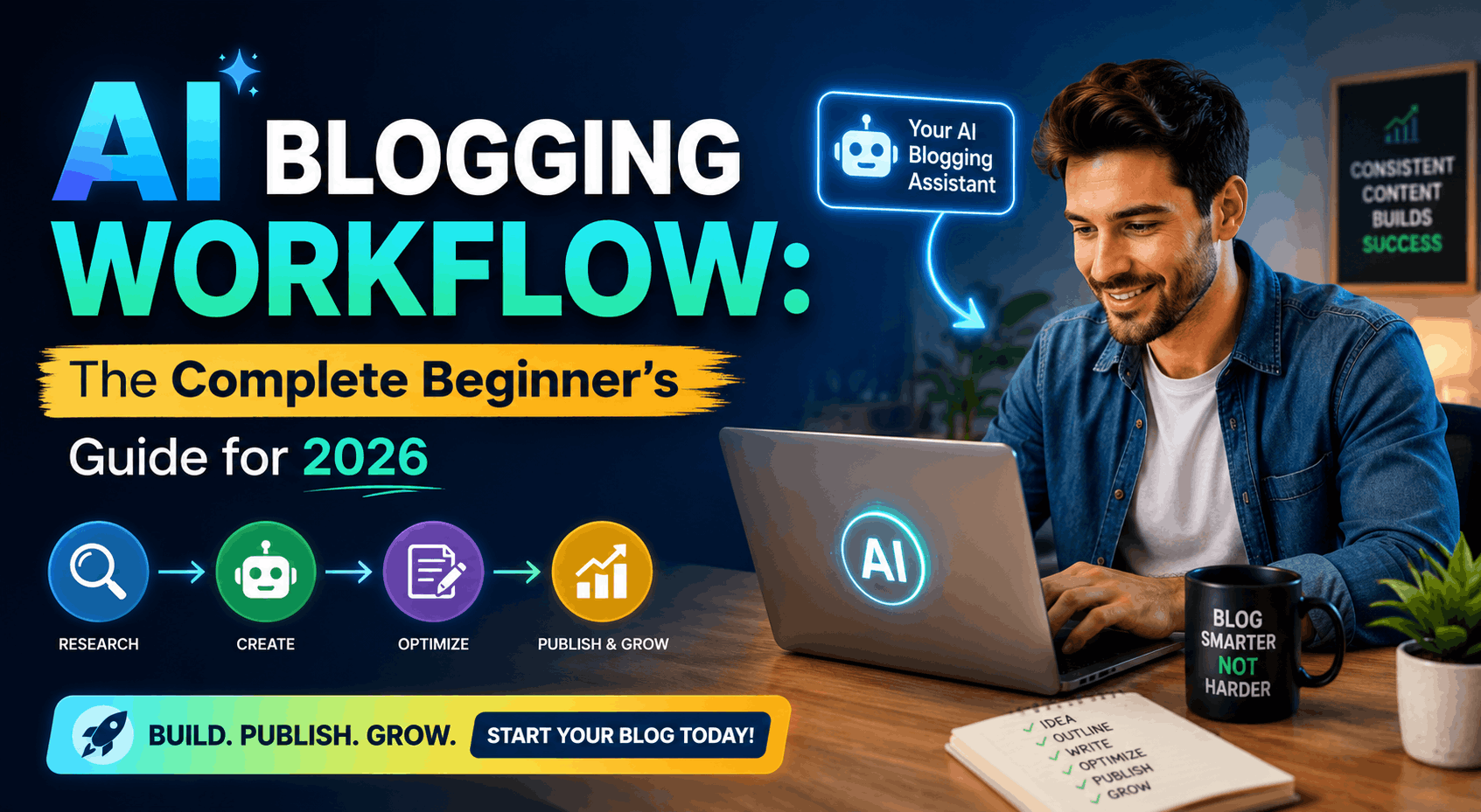 AI Blogging Workflow guide showing AI-powered content creation process, SEO optimisation, and blogging automation strategy for beginners in 2026
