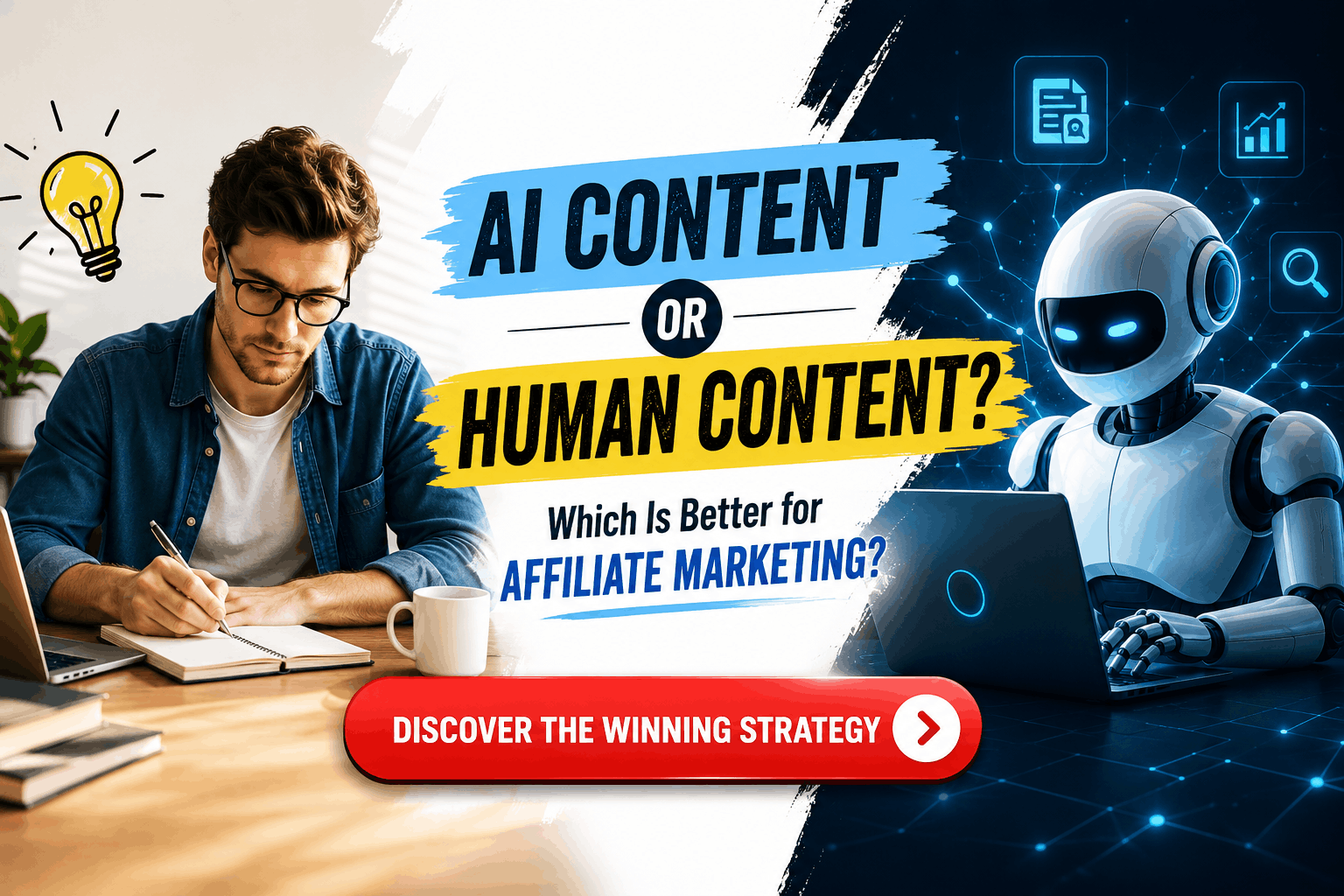 AI Content vs Human Content for Affiliate Marketing comparison showing AI-generated writing versus human-written content with SEO, trust, and conversion concepts.