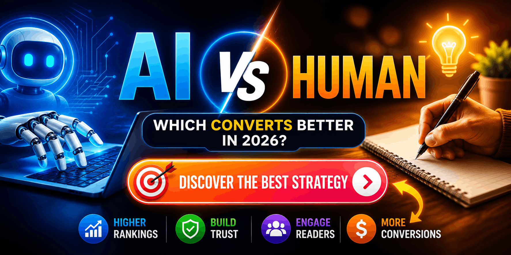 AI Content vs Human-Written Content comparison showing SEO rankings, trust, conversions, and the best hybrid content strategy for 2026.