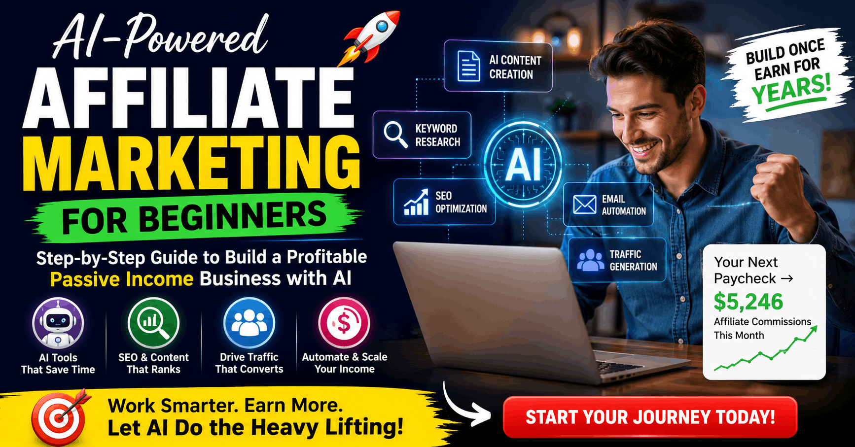 AI-Powered Affiliate Marketing for Beginners showing AI tools, affiliate commissions, SEO optimization, content creation, and passive income workflow.
