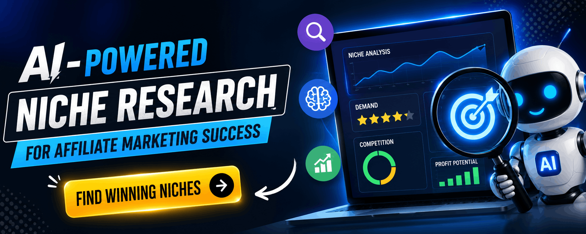 AI-powered niche research for affiliate marketing showing AI dashboard, keyword analysis, market trends, SEO analytics, and profitable niche discovery for beginners