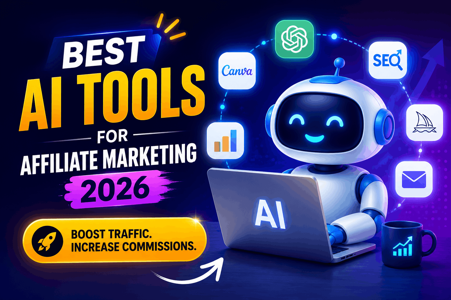 Best AI Tools for Affiliate Marketing in 2026 dashboard showing AI software for SEO, content creation, automation, and affiliate business growth.