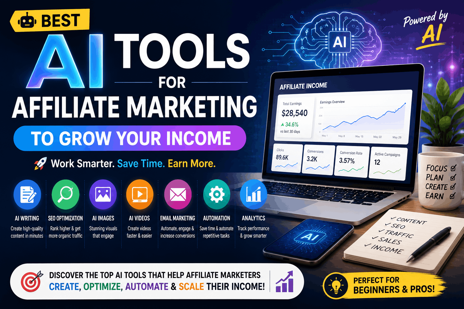Best AI Tools for Affiliate Marketing to Grow Your Income with AI-powered SEO, Content Creation, Automation, and Marketing Tools