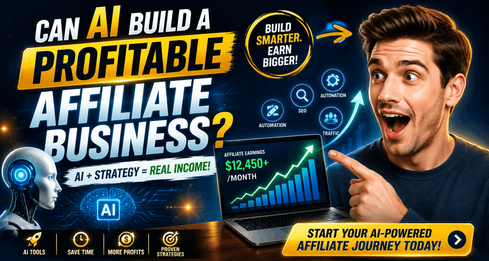 Can AI Build a Profitable Affiliate Business? AI-powered affiliate marketing strategy with automation, SEO, blogging, and passive income concept