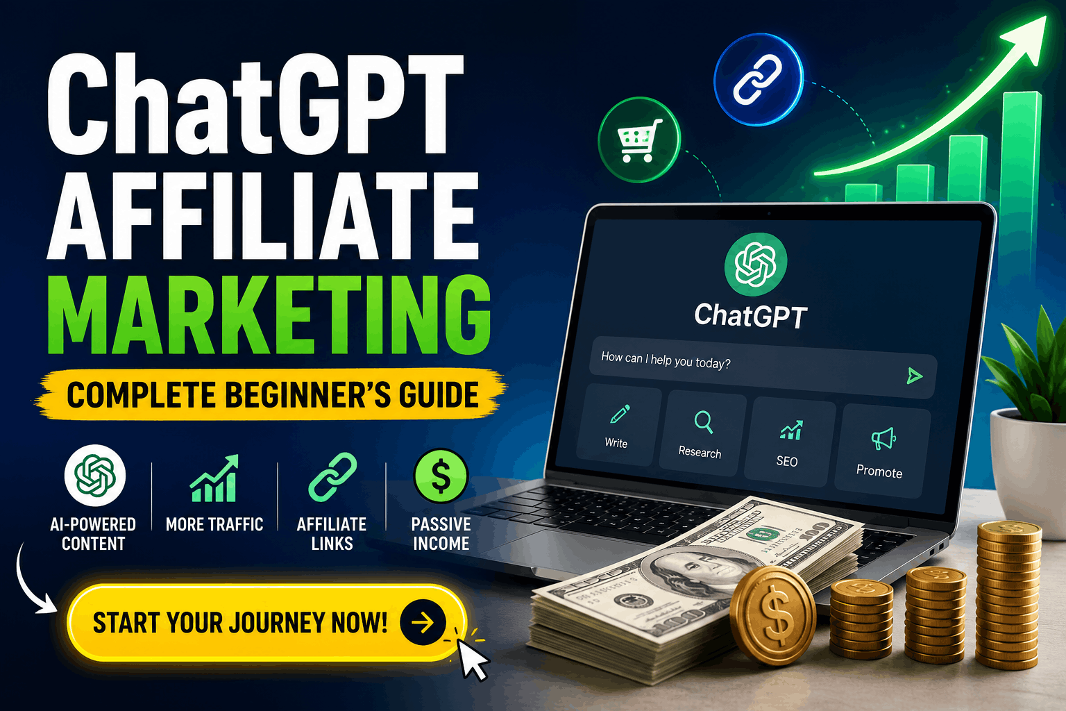 ChatGPT Affiliate Marketing guide showing AI-powered content creation, SEO optimization, blogging workflow, and passive income strategy for beginners using ChatGPT.