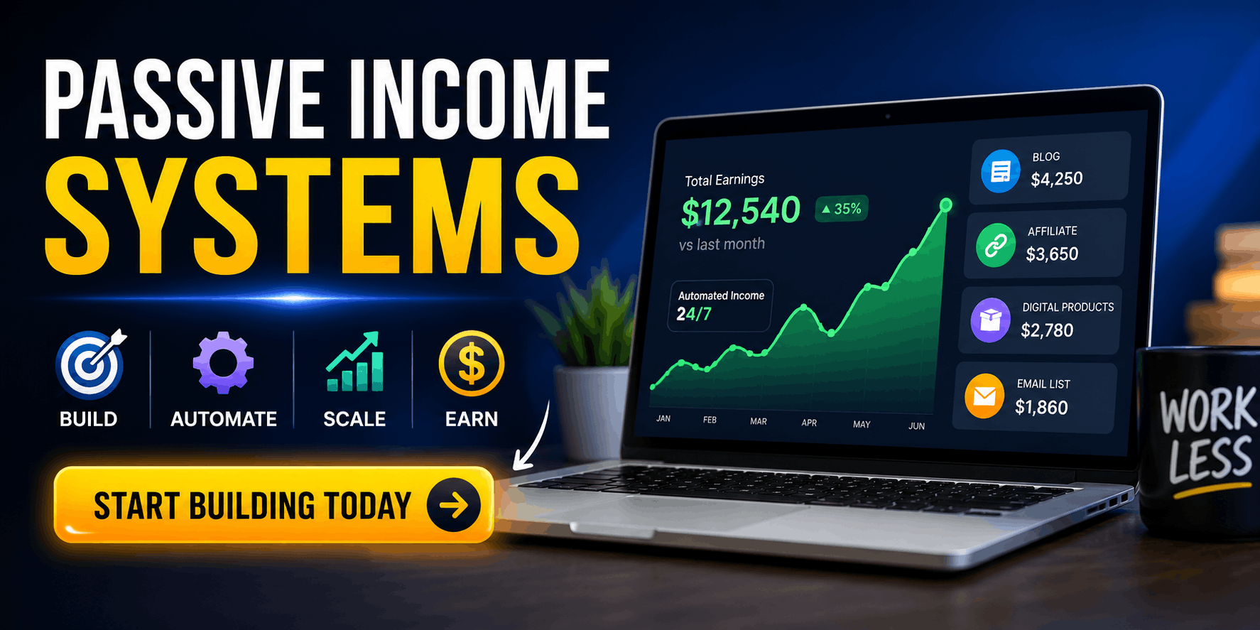 Passive Income Systems complete beginner guide showing affiliate marketing, AI automation, blogging, SEO, and online business growth for long-term passive income.