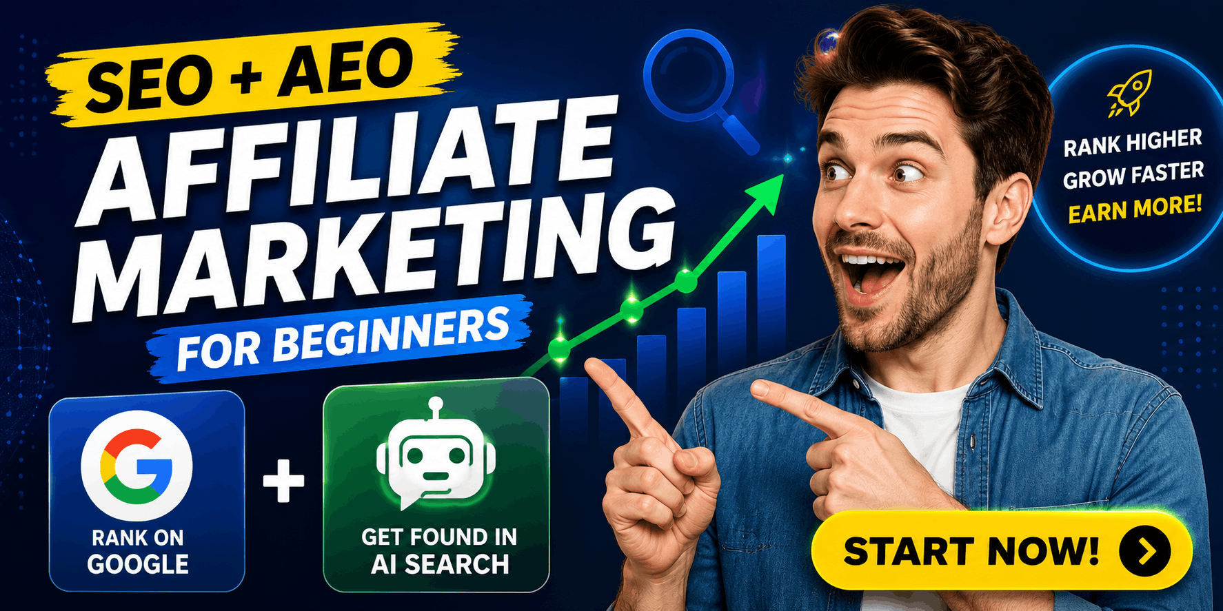SEO & AEO for Affiliate Marketing Beginners guide showing Google Search rankings, AI search optimization, keyword research, content strategy, and organic traffic growth.