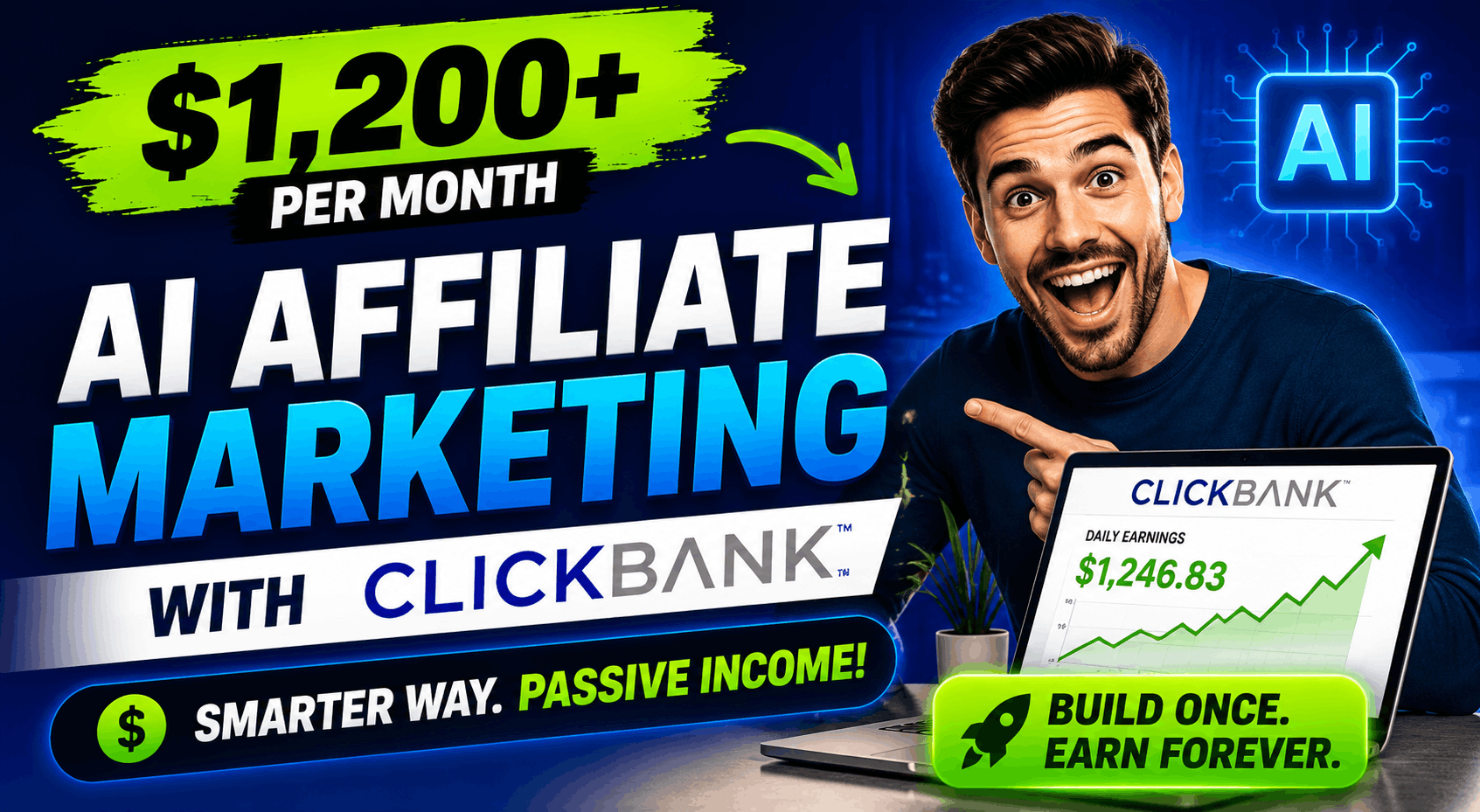 AI Affiliate Marketing ClickBank guide showing AI tools, affiliate commissions, passive income, and digital marketing strategy
