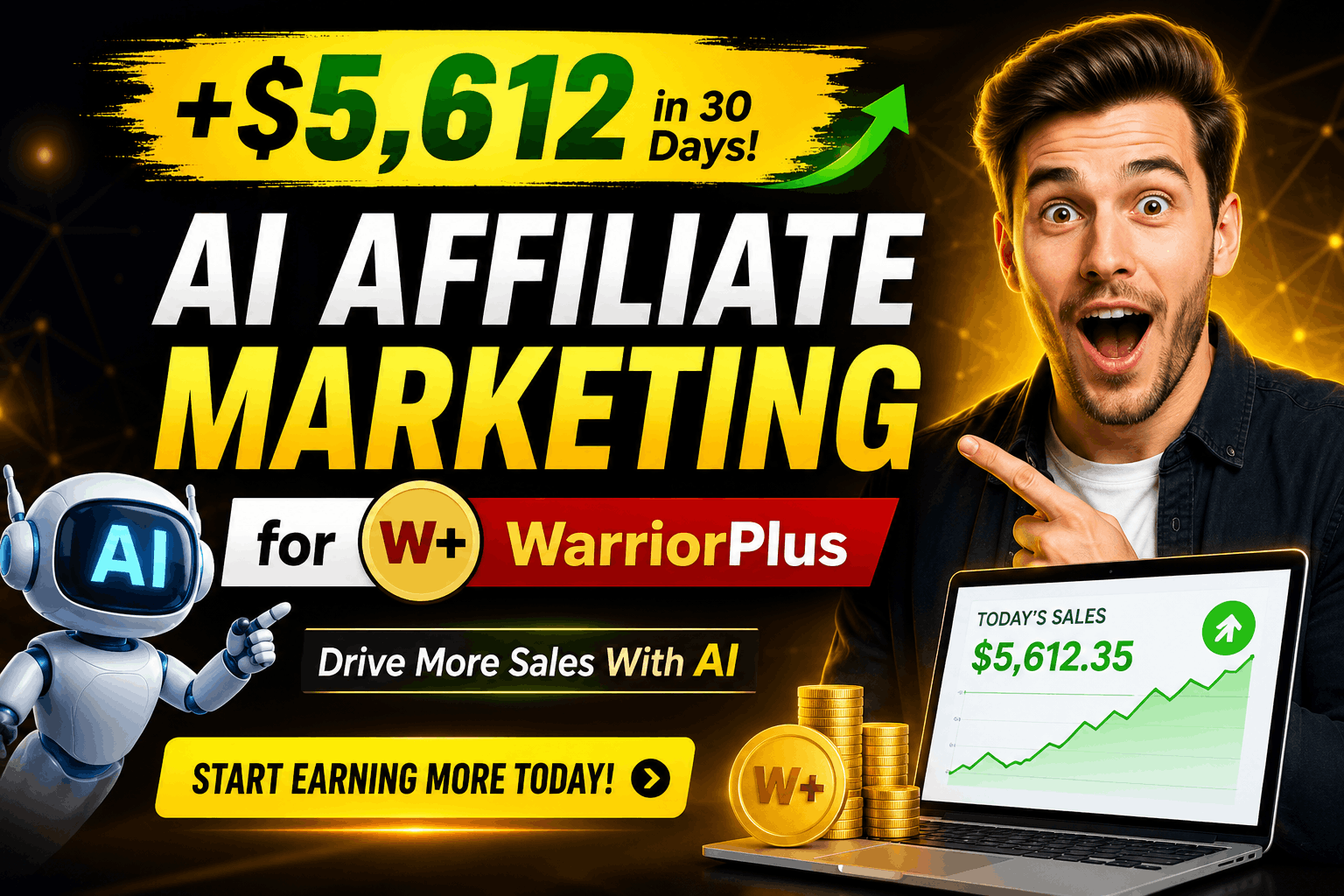 AI affiliate marketing for WarriorPlus strategy showing AI tools, affiliate sales growth, and digital marketing automation