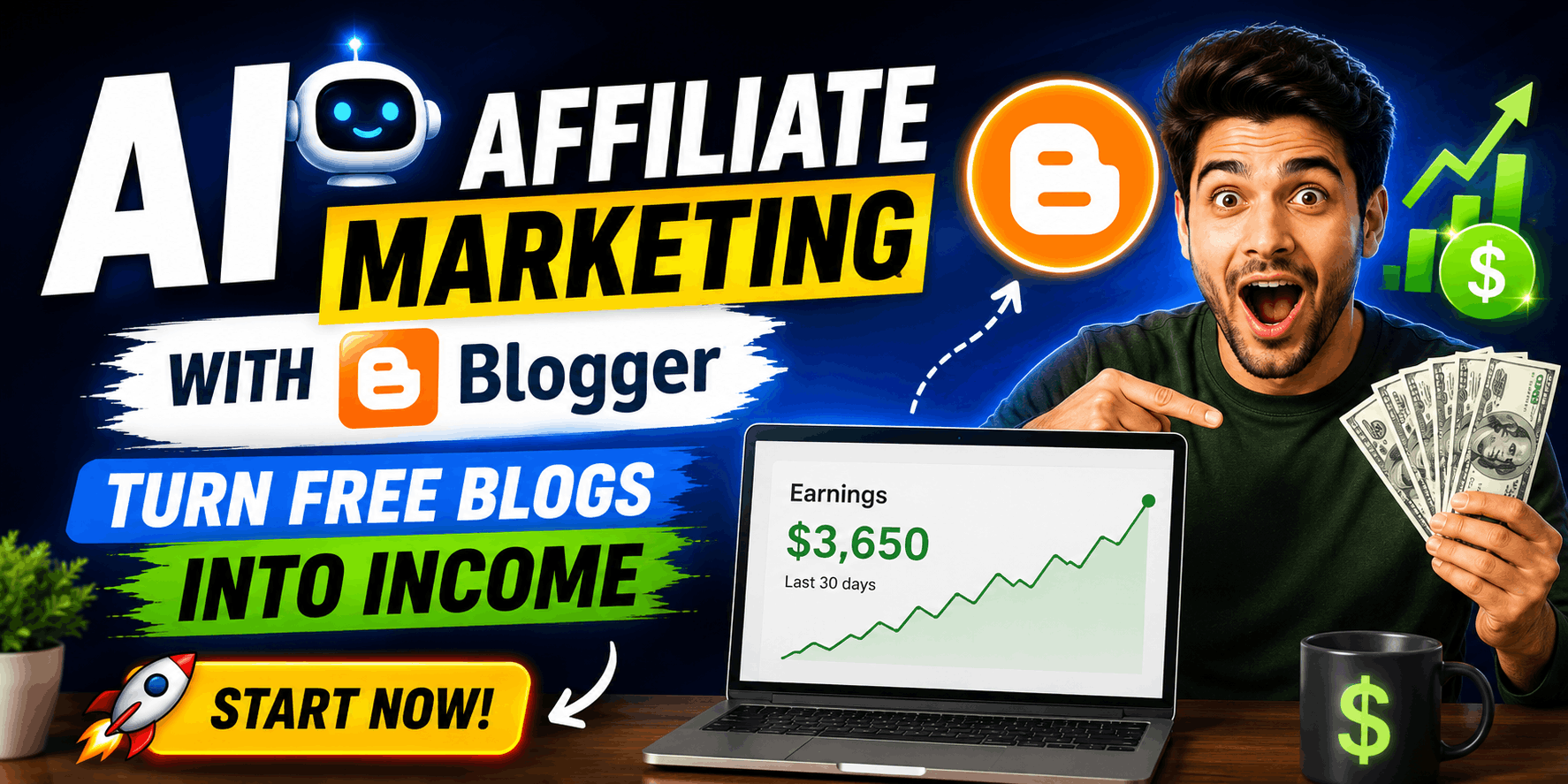 AI affiliate marketing with Blogger showing how to turn a free blog into an online income platform using AI tools and SEO strategies